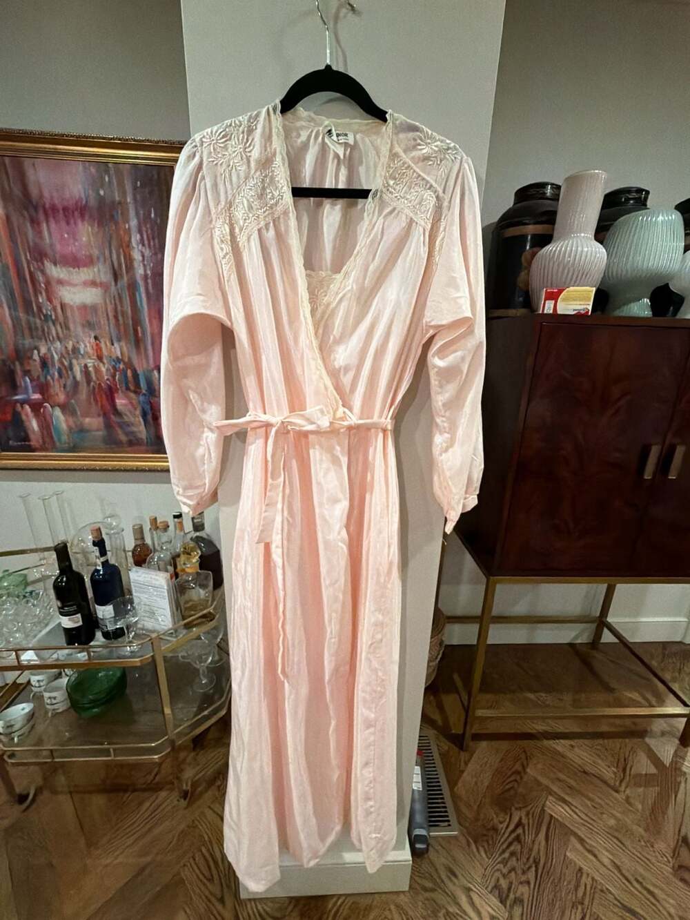 Vintage Miss Dior Sz S Blush Pink Nylon Full-Length robe and nightgown peignoir